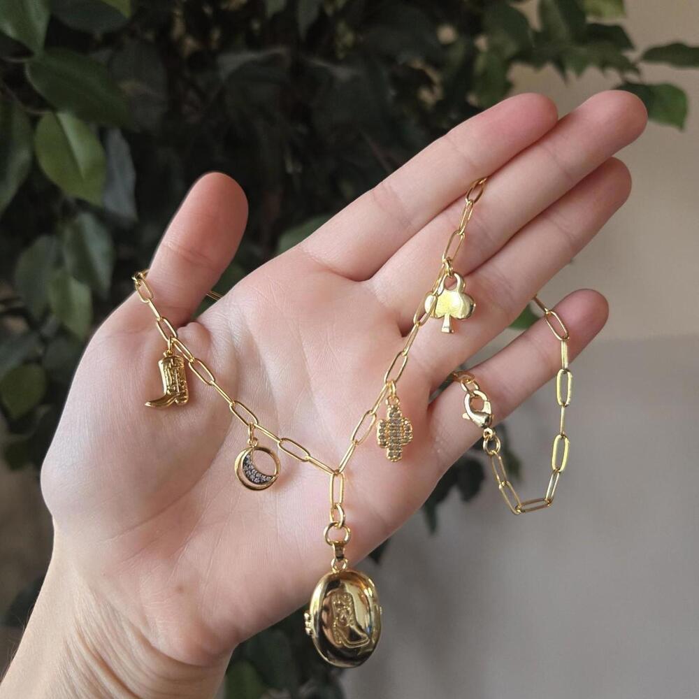 18k Gold Paperclip Western Charm Locket